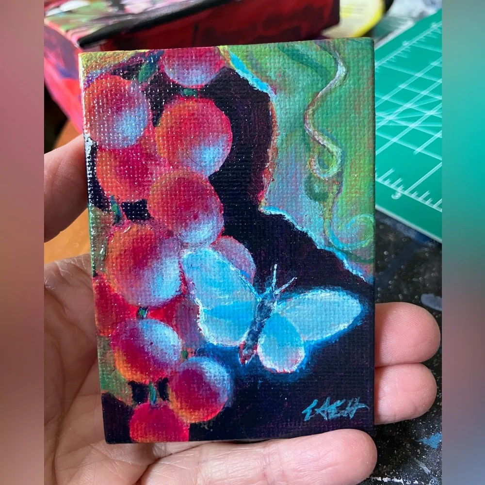 ⭕️ SOLD Original painting blue butterfly purple grapes artwork artist direct - Picture 1 of 6